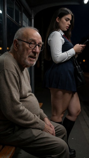 He sits at the busstop waiting impatiently for the bus he is wearing a sweater and pants, a bit further beside him st…