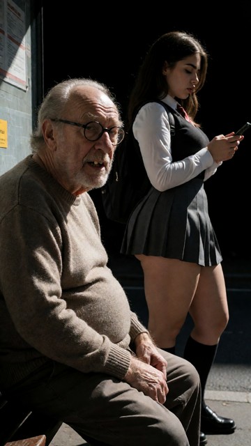 He sits at the busstop waiting impatiently for the bus he is wearing a sweater and pants, a bit further beside him st…