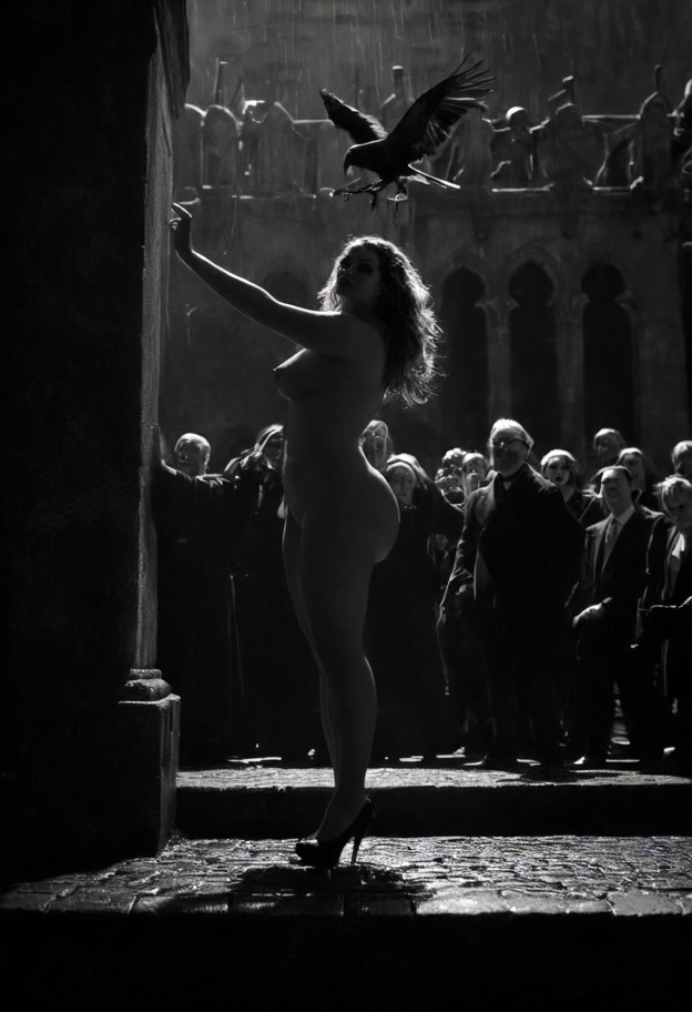 **"heroes for ghosts"** — (a nude woman stands on a platform in a public trial:1.5) (high-contrast black and white mo…