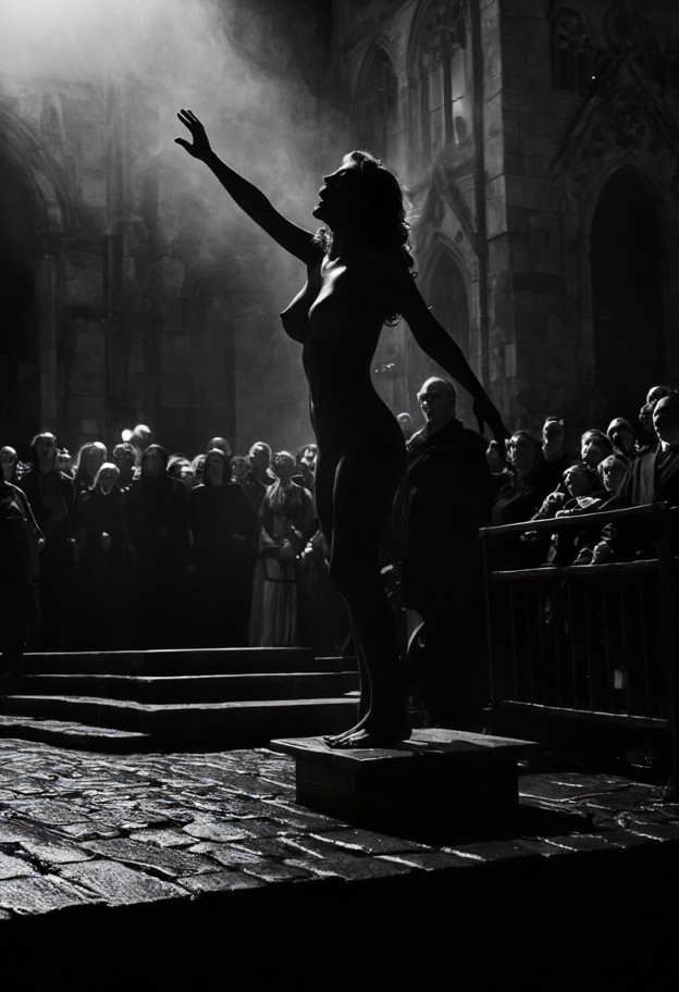 **"heroes for ghosts"** — (a nude woman stands on a platform in a public trial:1.5) (high-contrast black and white mo…