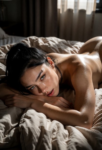 Location: dim bedroom in the morning with soft light filtering through heavy curtains, casting gentle shadows across …