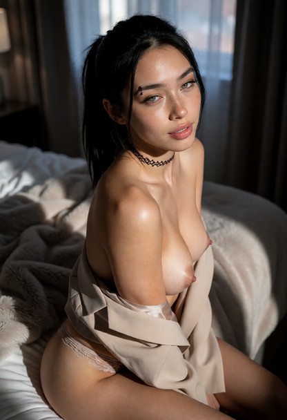 Location: dim bedroom in the morning with soft light filtering through heavy curtains, casting gentle shadows across …