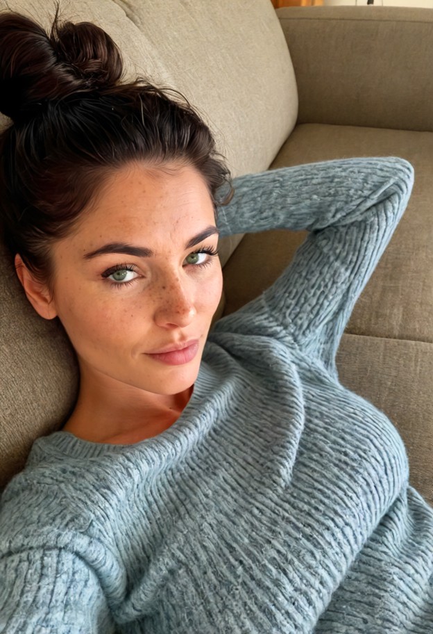 1girl lying on couch,grey knitted sweater,dark blue pajama pants,beige carpet,wooden coffee table,soft lighting,front…