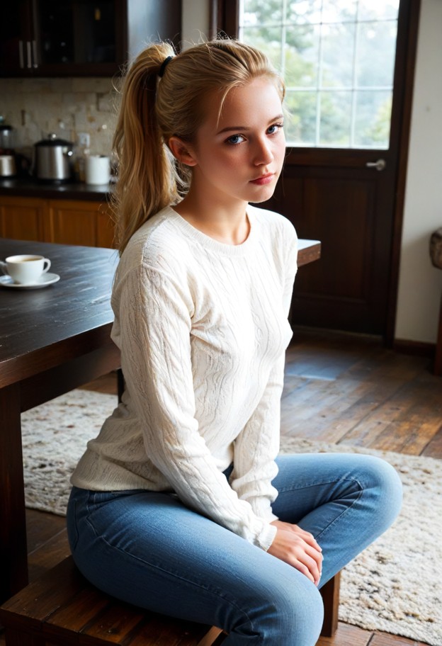 edie is sitting on the floor leaning over a coffee table,cream knit sweater,light blue denim jeans,silver earrings,di…