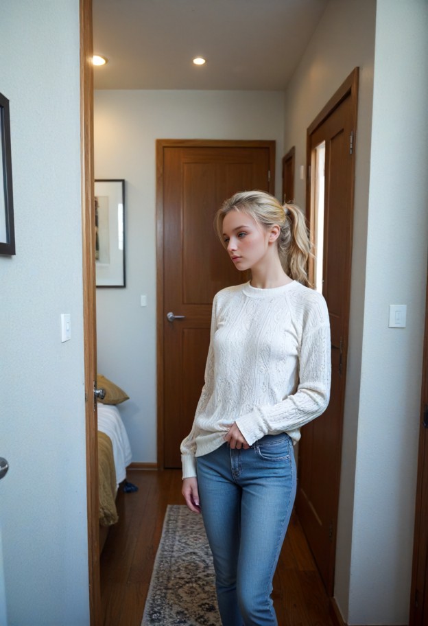 edie stands in the doorway looking down,cream knit sweater,light blue denim jeans,apartment entryway,dark wooden door…