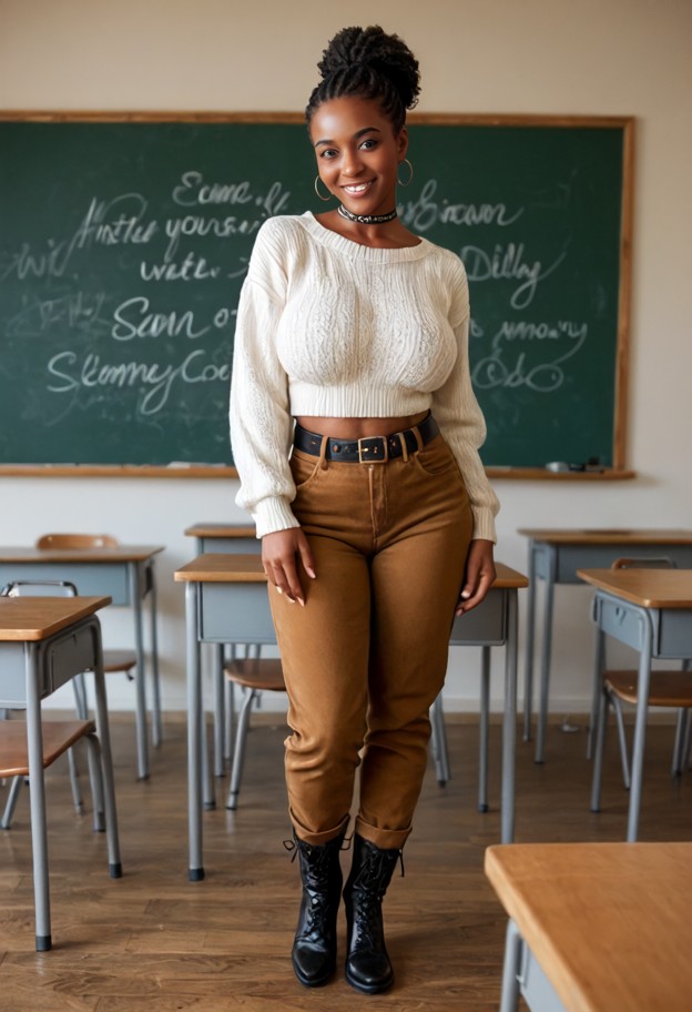 aurora stands behind her desk holding a leather belt,oversized cream wool sweater,high-waisted brown corduroy pants,v…