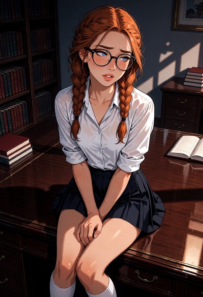 Location: quiet study room after class with soft, dim overhead lighting and shadows stretching across the polished da…