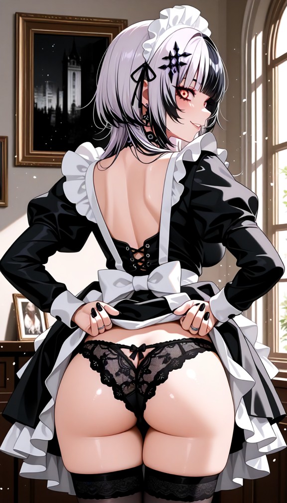 1girl,underwear,panties,ass,breasts,maid,thighhighs,black_panties,solo,maid_headdress,enmaided,indoors,clothes_lift,p…