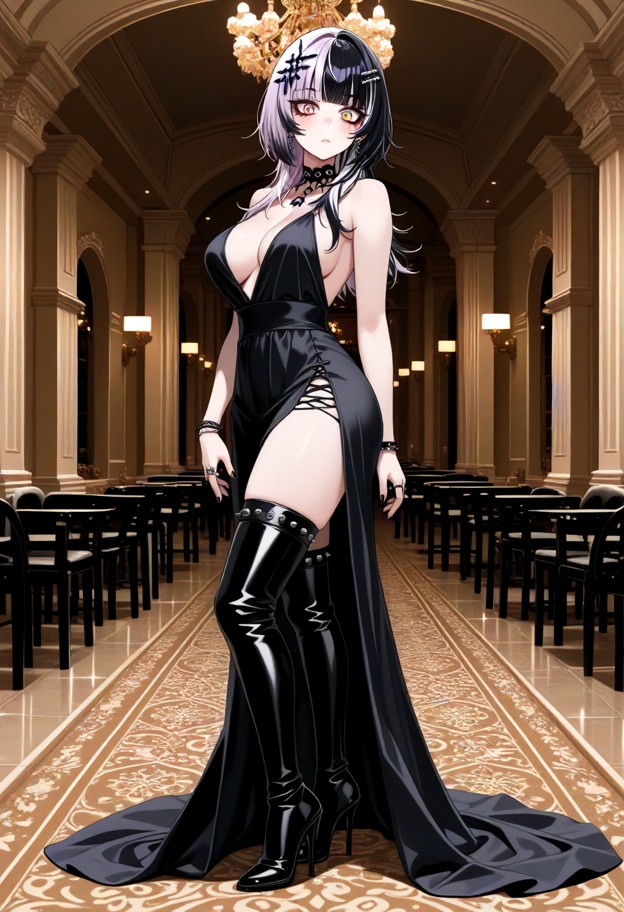 she is wearing evening dress,slit dress,stockings,thigh high leather boots,stiletto heels,ballroom,full body,eye leve…
