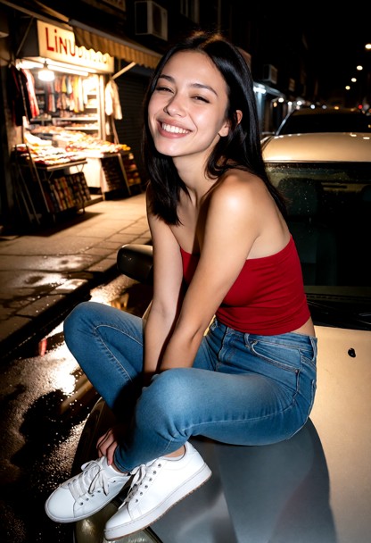 Location: dim urban street at night outside a brightly lit bazaar, with the warm glow from the shop windows spilling …