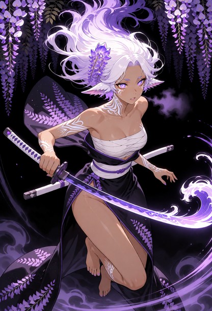 dark wisteria forest, glowing wisteria, chest bandaged, glowing wisteria tree, wisteria colored long hair frilled, ho…