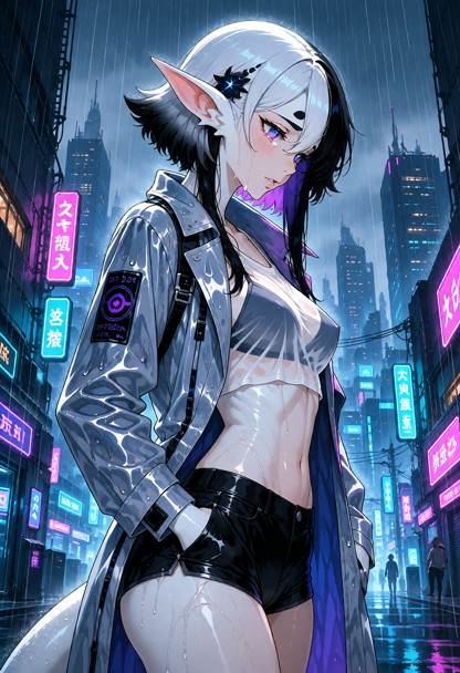 side view of a woman in a rainy cyberpunk city street at night, looking downward with a quiet expression, wearing a l…