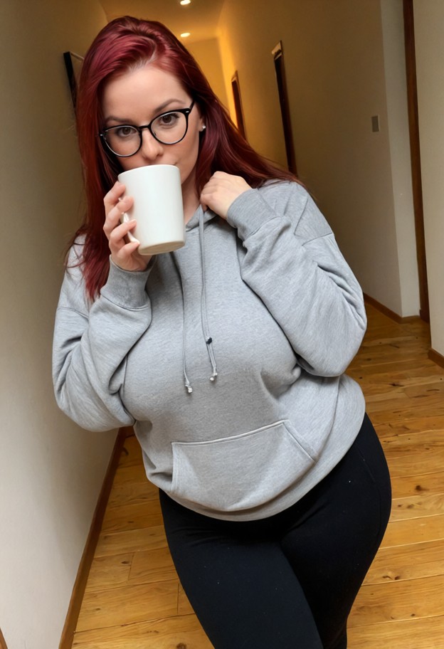 1girl standing,grey hoodie,black sweatpants,holding mug,pale yellow walls,dusty cardboard boxes,worn wood floor,hallw…