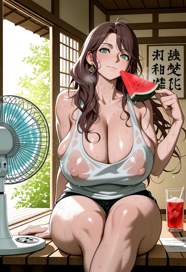 1girl,solo,anime style,extremely hot japanese countryside summer,sitting on a wooden engawa of a traditional japanese…