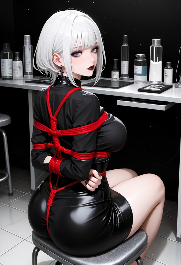 she is sitting on a lab bench with wrists tied in front,tight black blouse,black pencil skirt,biology lab,white lab b…