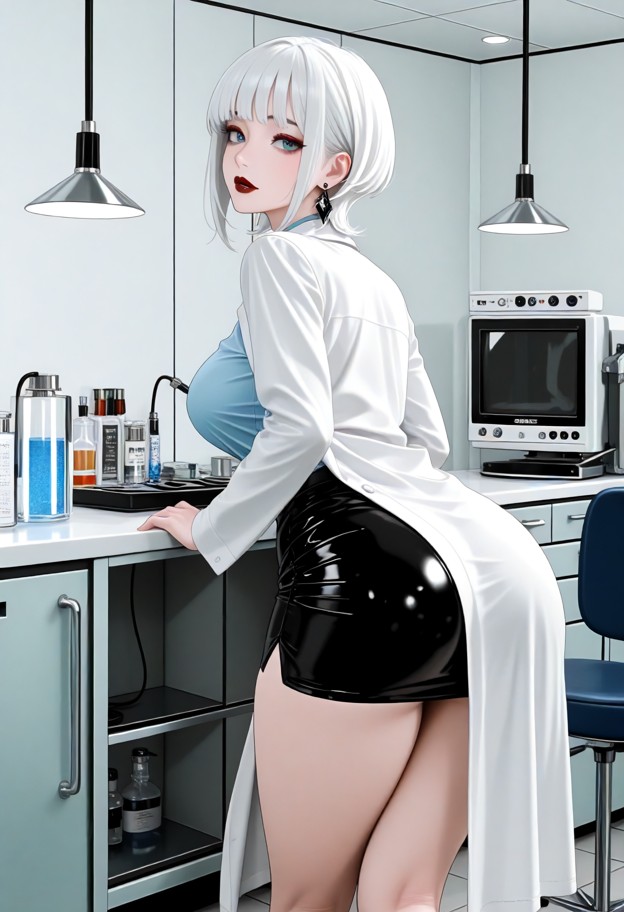 she is is bending over at the waist looking back over her shoulder,white lab coat,blue cotton shirt,short skirt,biolo…