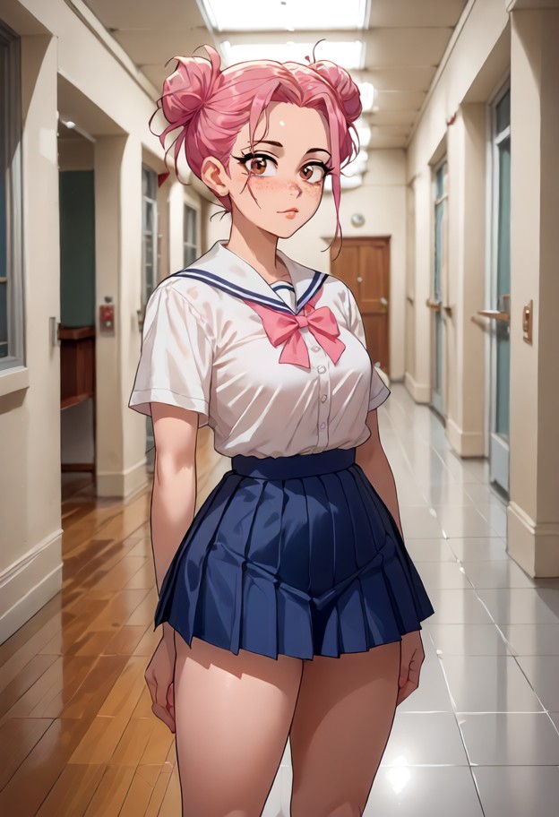 she is leaning back in a school hallway,school uniform,white shirt,pleated skirt,empty school hallway,beige walls,lin…