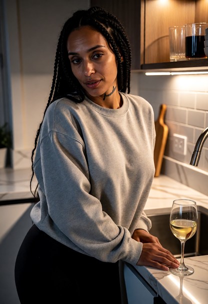 Location: evening in a modern kitchen with warm ambient lighting, shadows stretching across the marble countertop and…
