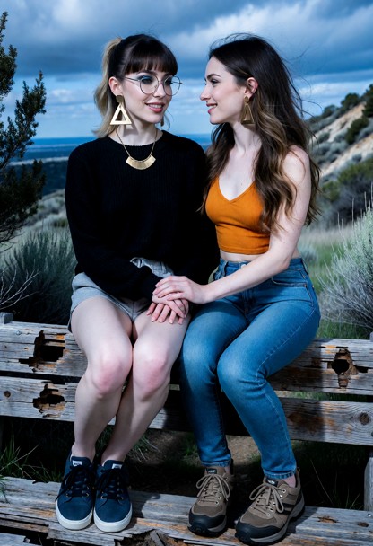 Ella is wearing gray shorts, a black sweater and blue sneakers, large golden triangle earrings. Priscilla is a 29 yea…