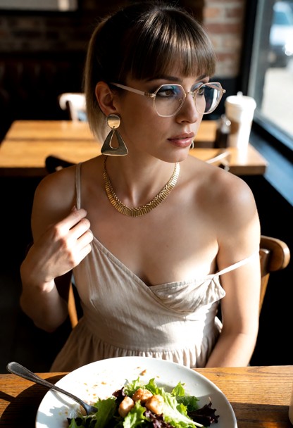 Location: sunlit cafe with wooden tables, a half-eaten salad, and soft afternoon shadows
Position: Ella sitting at th…