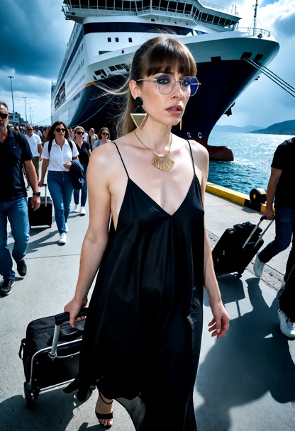 Ella walks along the quay by the harbor. she is pulling a trolley behind her. Behind her is the very large ferry towe…
