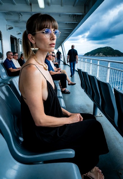 Ella is sitting in a chair on the deck of a ferry. She is wearing a large elegant black dress with spaghetti straps a…
