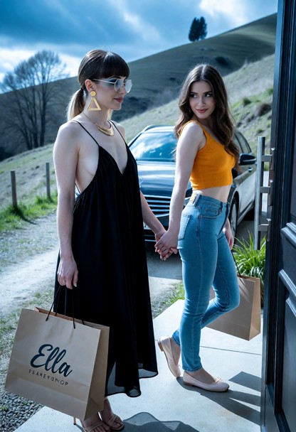 Ella is wearing a large elegant black dress with spaghetti straps and side boob, and sandal heels, large golden trian…