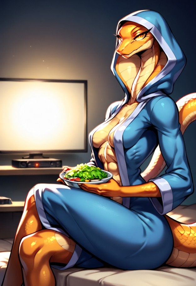 she is sitting on a grey fabric couch eating salad,silk blue pajamas,matching robe,modern condo living room,televisio…