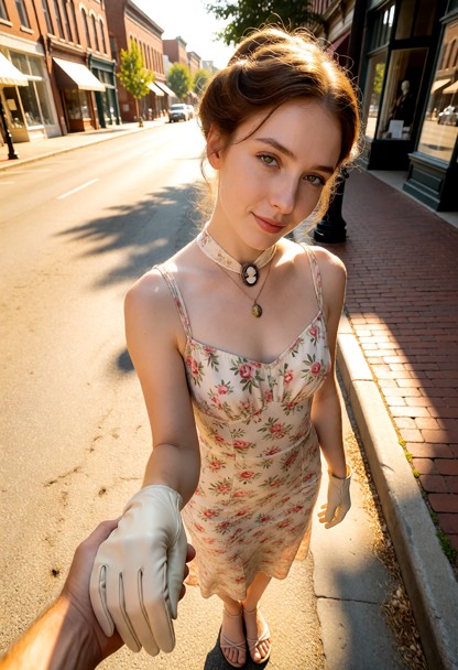 Location: bright afternoon on a quiet brick street lined with vintage storefronts, where the midday sun casts a warm …