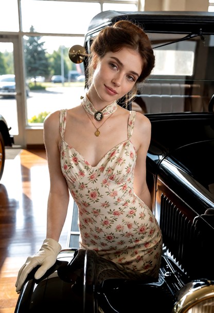 Location: bright afternoon in a sunlit vintage automobile showroom, with polished wooden floors reflecting the light …