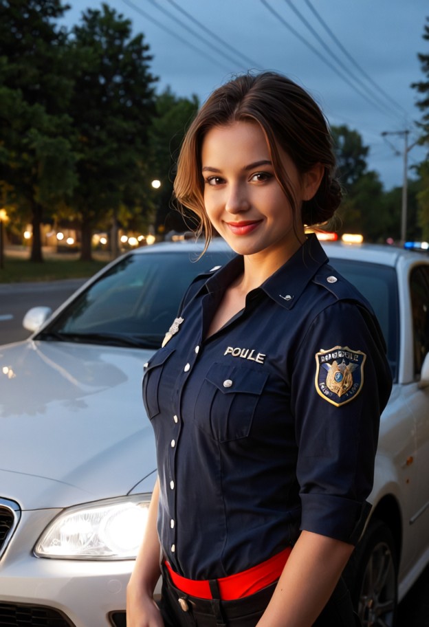 a she is standing by the car window with a smile,navy blue police uniform shirt,black trousers,roadside at night,dark…