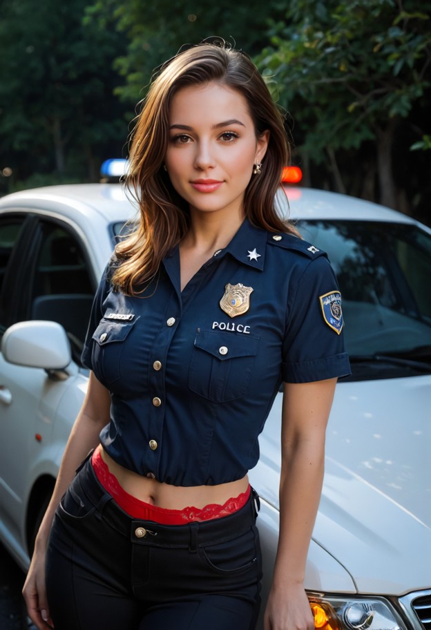 she is is leaning on a car window,navy blue police uniform shirt,black trousers,roadside,dark asphalt,car headlights,…