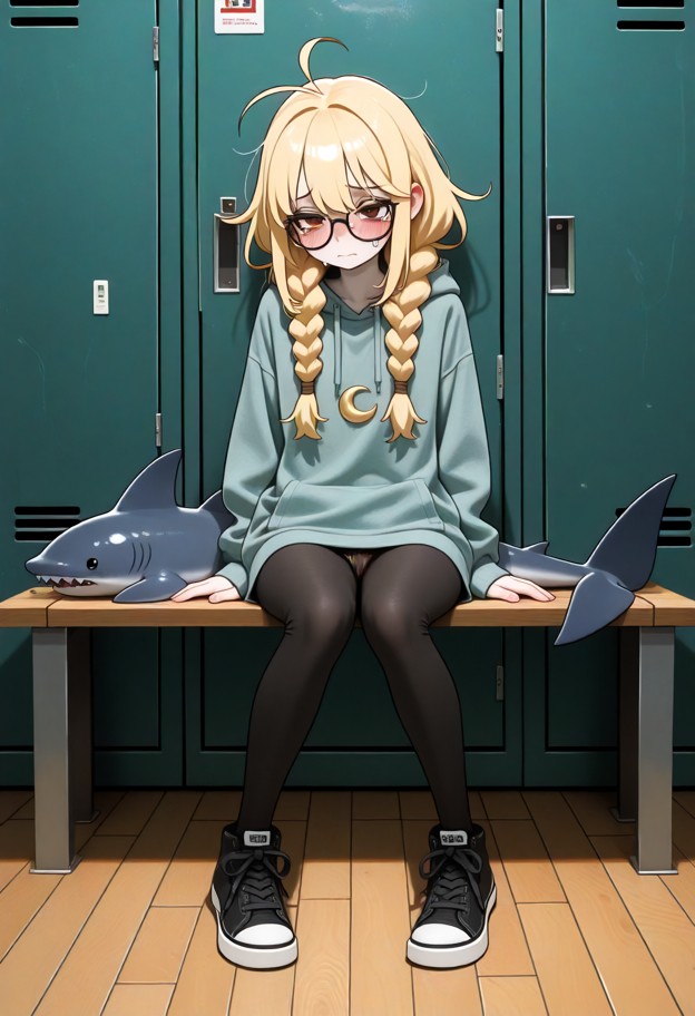 she is is sitting on a wooden bench clutching shredded clothes to her chest,torn gray cotton hoodie,dark leggings,bla…