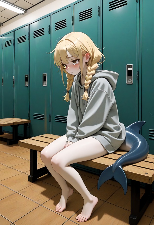 she is sits on a wooden bench clutching her hoodie,torn gray cotton hoodie,empty locker room,rows of metal lockers,wo…