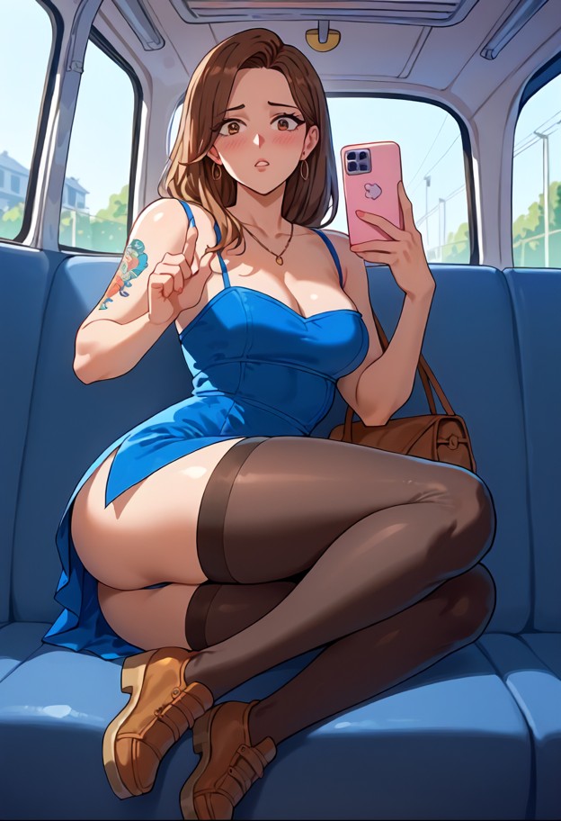 1woman,sitting on bus seat,blue cotton dress,black tights,brown shoes,purse on lap,crowded bus,metal handrails,advert…