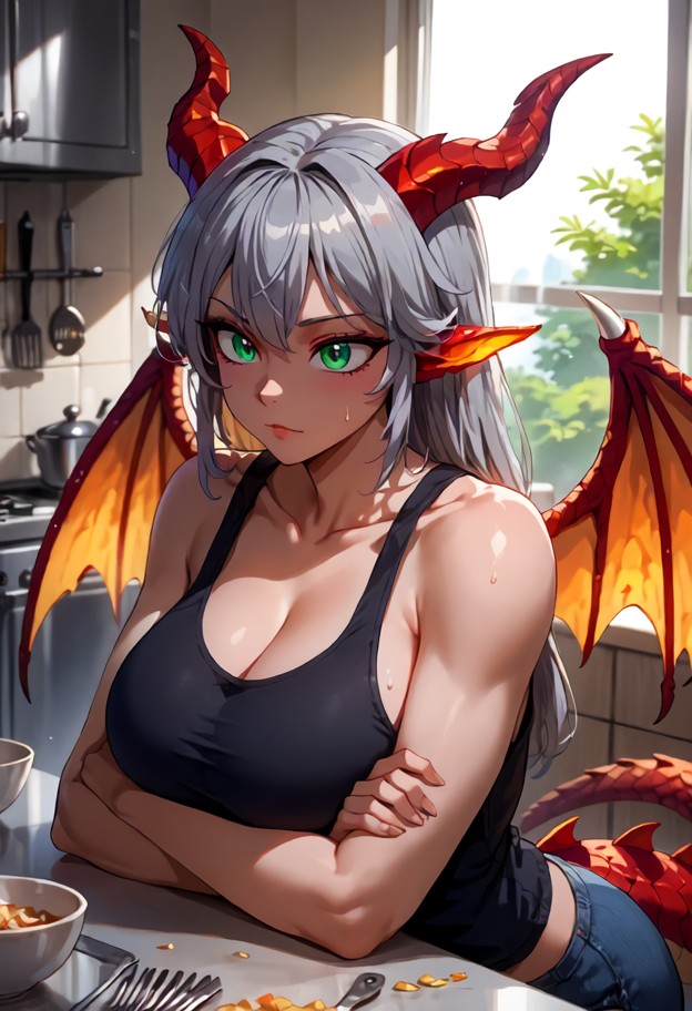1girl hugging,black tank top,dark grey sweats,kitchen,stainless steel appliances,granite countertop,wings,head restin…