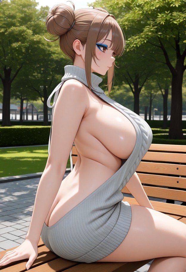 she is,solo,crawling on bench,wearing virgin killer sweater,knit sweater,park,outdoors,from side,soft lighting