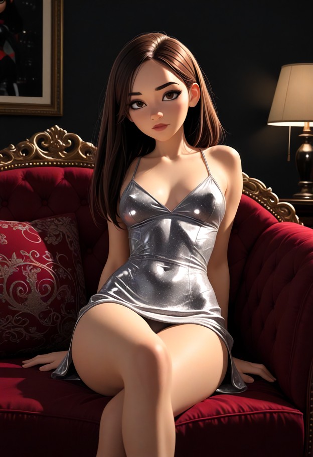 she is is sitting on a velvet couch leaning back with crossed legs,silk dress,living room,plush velvet couch,dim ambi…