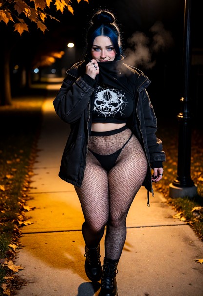 Location: cool autumn night on a dimly lit sidewalk with warm pools of amber light from streetlamps casting long shad…