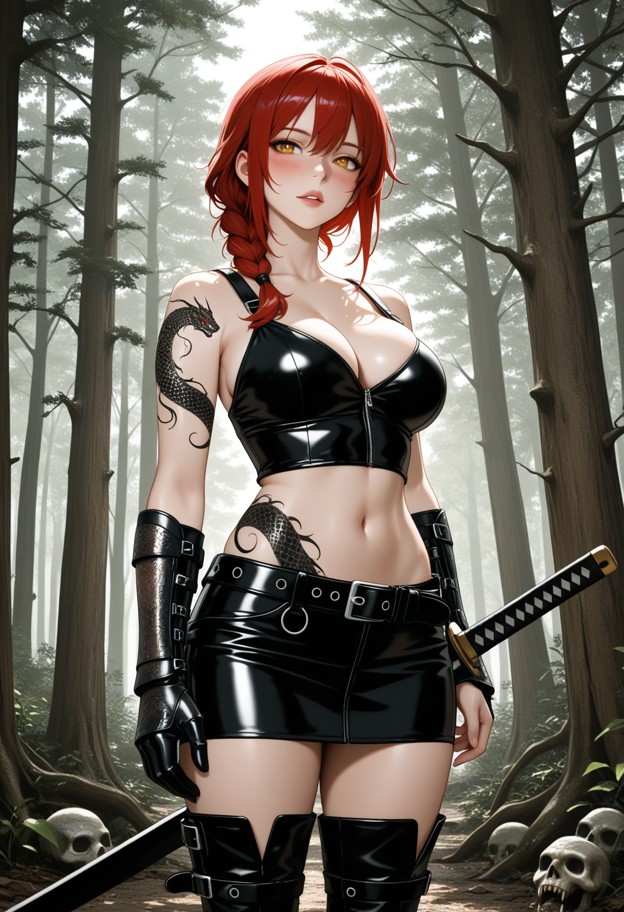1girl,solo,standing with her samurai sword,small leather crop top,short leather skirt,leather gauntlets,black leather…
