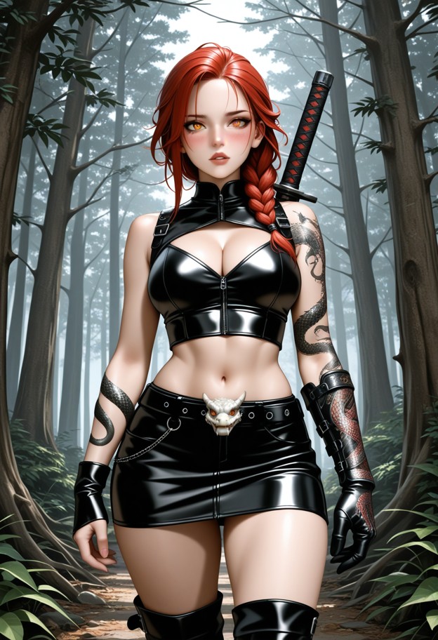1girl,solo,standing,small leather crop top,short leather skirt,leather gauntlets,black leather boots,sword,leather be…