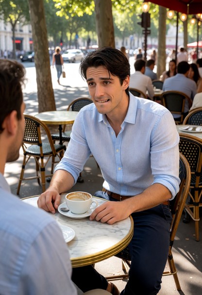 Location: afternoon at a bustling outdoor café terrace near Place de la République, with small round marble-topped ta…