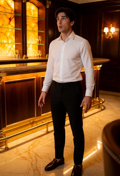 Location: evening inside the luxury hotel bar with warm golden light reflecting off polished marble floors and dark w…