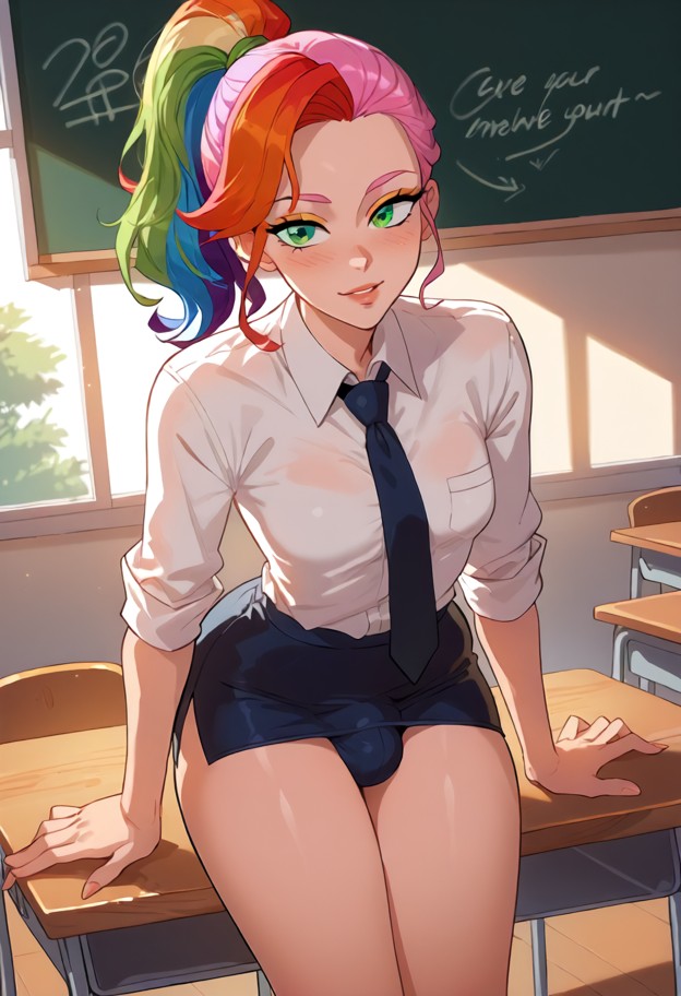 futa leaning over the wooden desk,white formal shirt,black necktie,black short skirt,classroom,wooden desks,chalkboar…