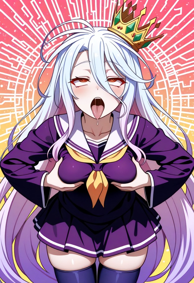 shiro from no game no life,pale skin,very long white hair with soft pastel pink,blue,yellow,and green gradients,red a…
