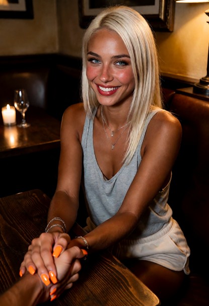 Location: interior of a cozy, dimly lit Italian restaurant at night with warm candlelight flickering on a dark wooden…