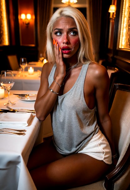 Location: interior of a small, fancy restaurant at night with dim amber lighting, white linen tablecloths, and polish…
