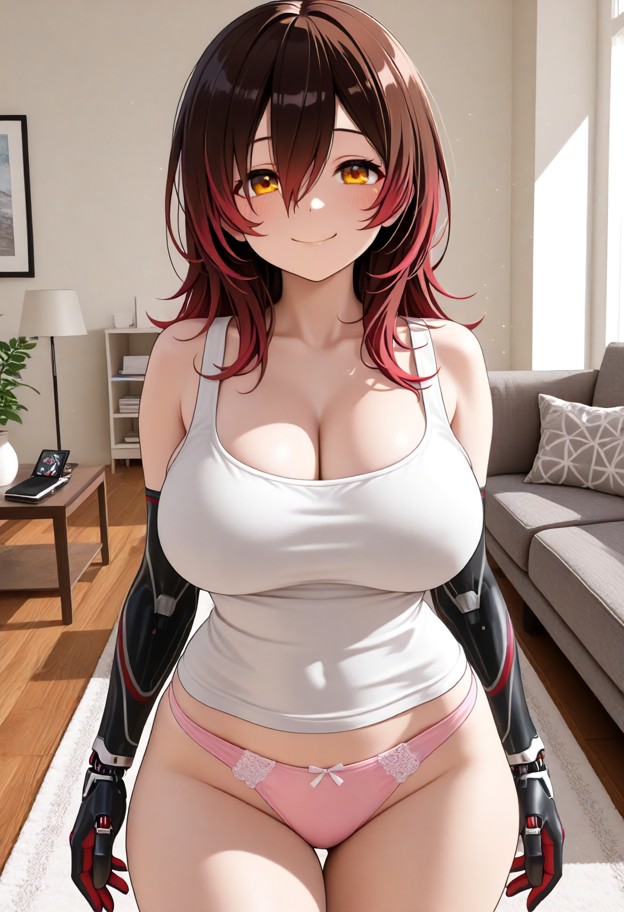 1girl,solo,standing,facing_viewer,white_tank_top,pink panties,smile,embarrassed,blush,front view,full-body view,head-…