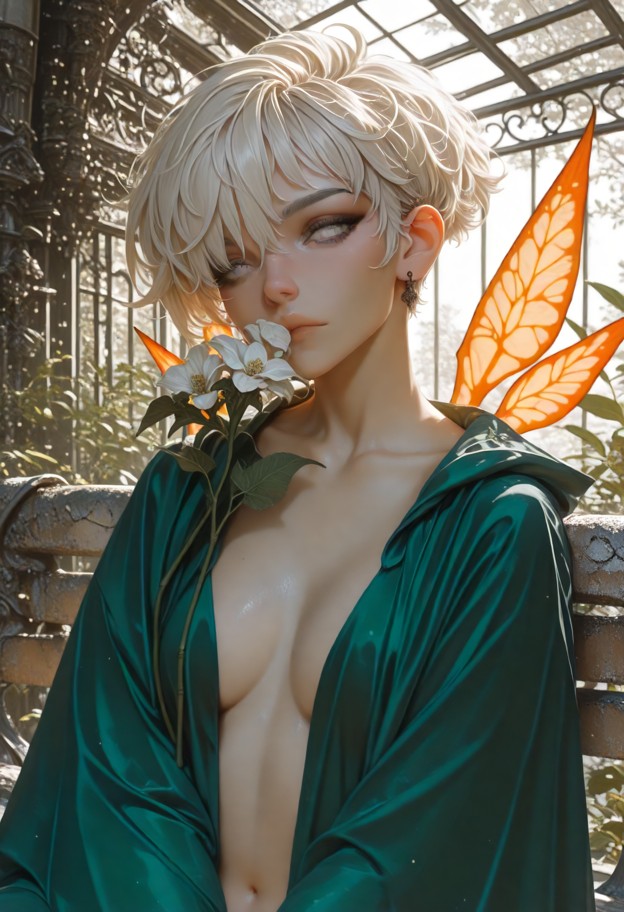 she is holding a glowing flower to the viewer's lips,wearing slytherin uniform robes,lush greenery,glowing magical bl…