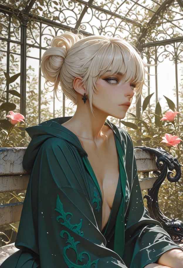 she is holding a glowing flower to the viewer's lips,wearing slytherin uniform robes,lush greenery,glowing magical bl…